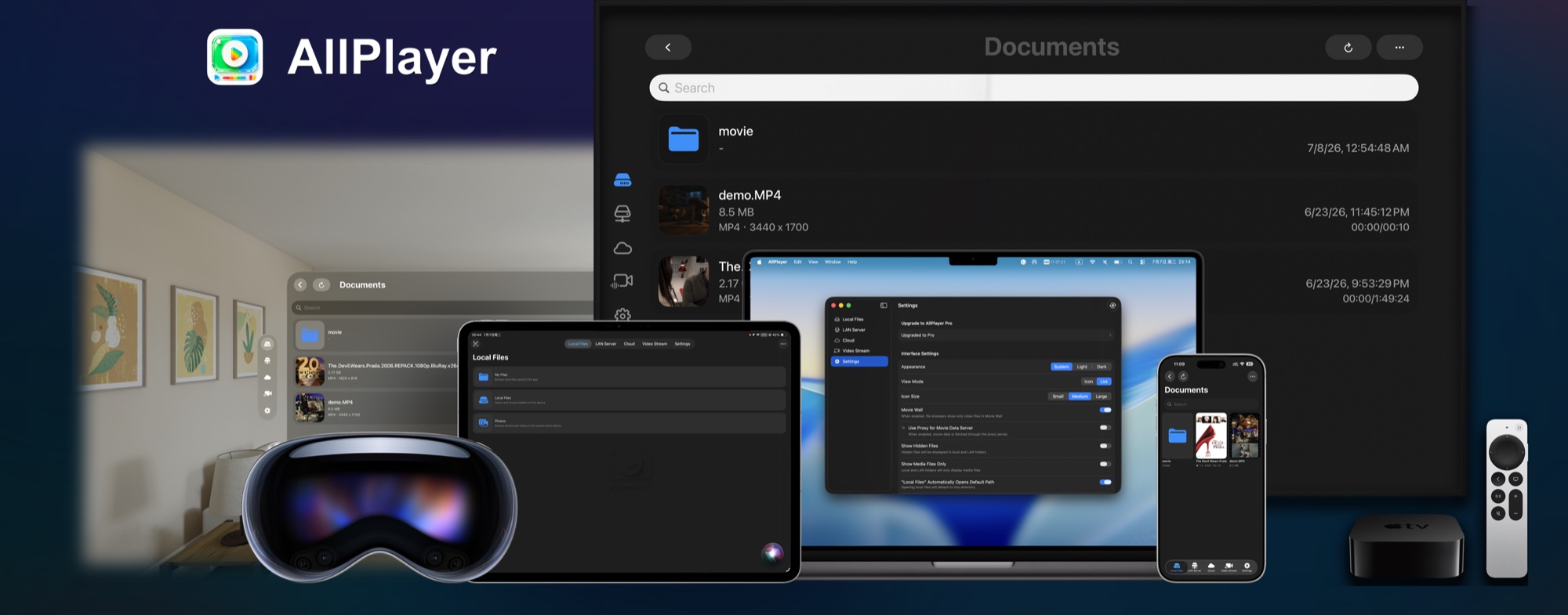 AllPlayer running on Apple Vision Pro, iPad, Mac, iPhone, and Apple TV